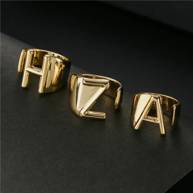 Hollow A-Z Letter Gold Color Metal Adjustable Opening Ring Initials Name Alphabet Female Party Chunky Wide Trendy Jewelry