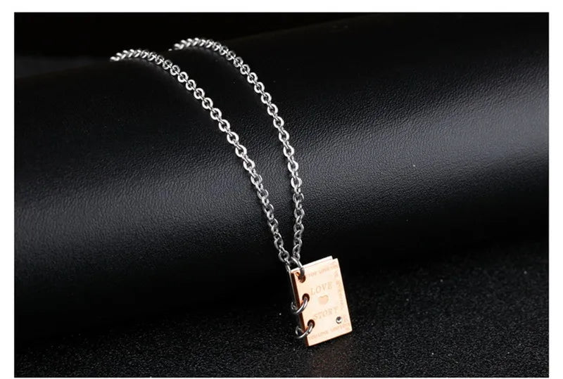 ZORCVENS Romantic "Love Story"  Book Pendant Couple Necklace Black Gold-Color Stainless Steel Necklace for Men and Women Jewelry