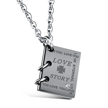 ZORCVENS Romantic "Love Story"  Book Pendant Couple Necklace Black Gold-Color Stainless Steel Necklace for Men and Women Jewelry