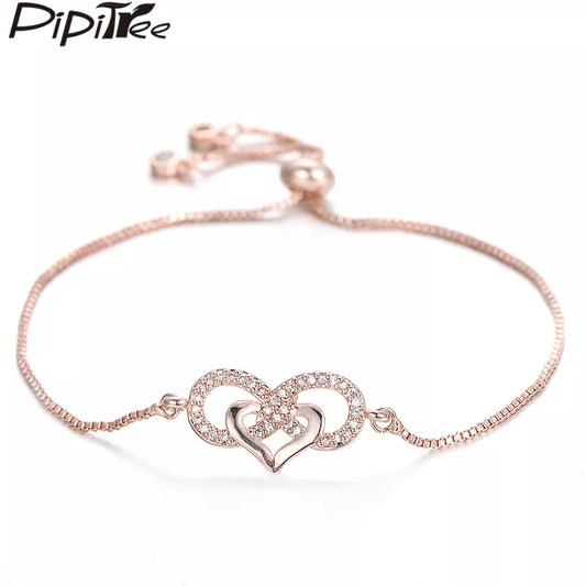 Pipitree Love Heart Infinity Bracelet for Lovers Women Lady Copper Adjustable Chain CZ Zircon Bracelets Wedding Bride Jewelry