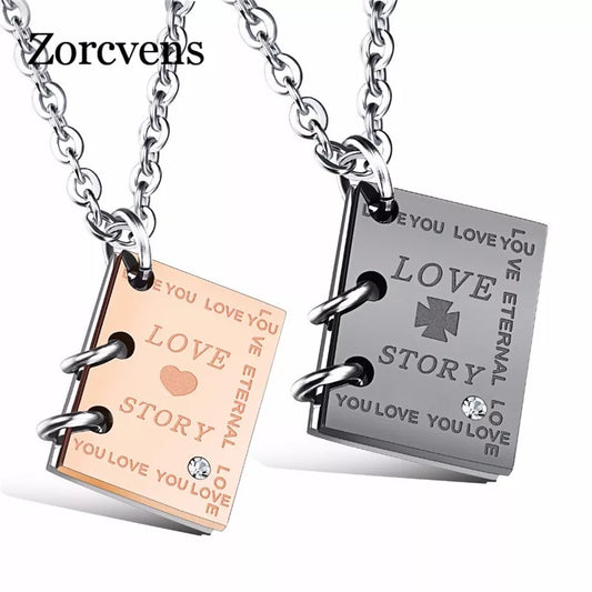 ZORCVENS Romantic "Love Story"  Book Pendant Couple Necklace Black Gold-Color Stainless Steel Necklace for Men and Women Jewelry