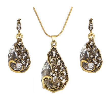 Hesiod New Vintage Women Elegant Peacock Waterdrop Rhinestone Pendant Necklace Earrings Crystal Jewelry Set Wedding Jewlery