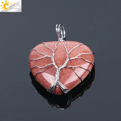 CSJA Tree of Life Wire Wrapped Love Heart Necklace & Pendant Suspension Natural Gem Stone Tiger Eye Pink Quartz Black Onyx F053