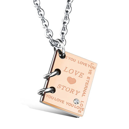 ZORCVENS Romantic "Love Story"  Book Pendant Couple Necklace Black Gold-Color Stainless Steel Necklace for Men and Women Jewelry