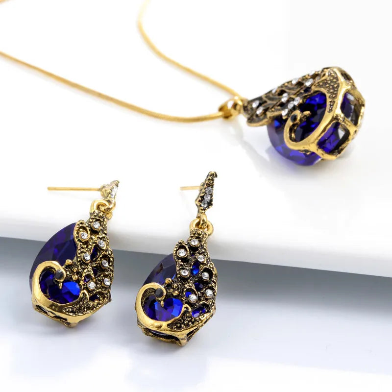 Hesiod New Vintage Women Elegant Peacock Waterdrop Rhinestone Pendant Necklace Earrings Crystal Jewelry Set Wedding Jewlery