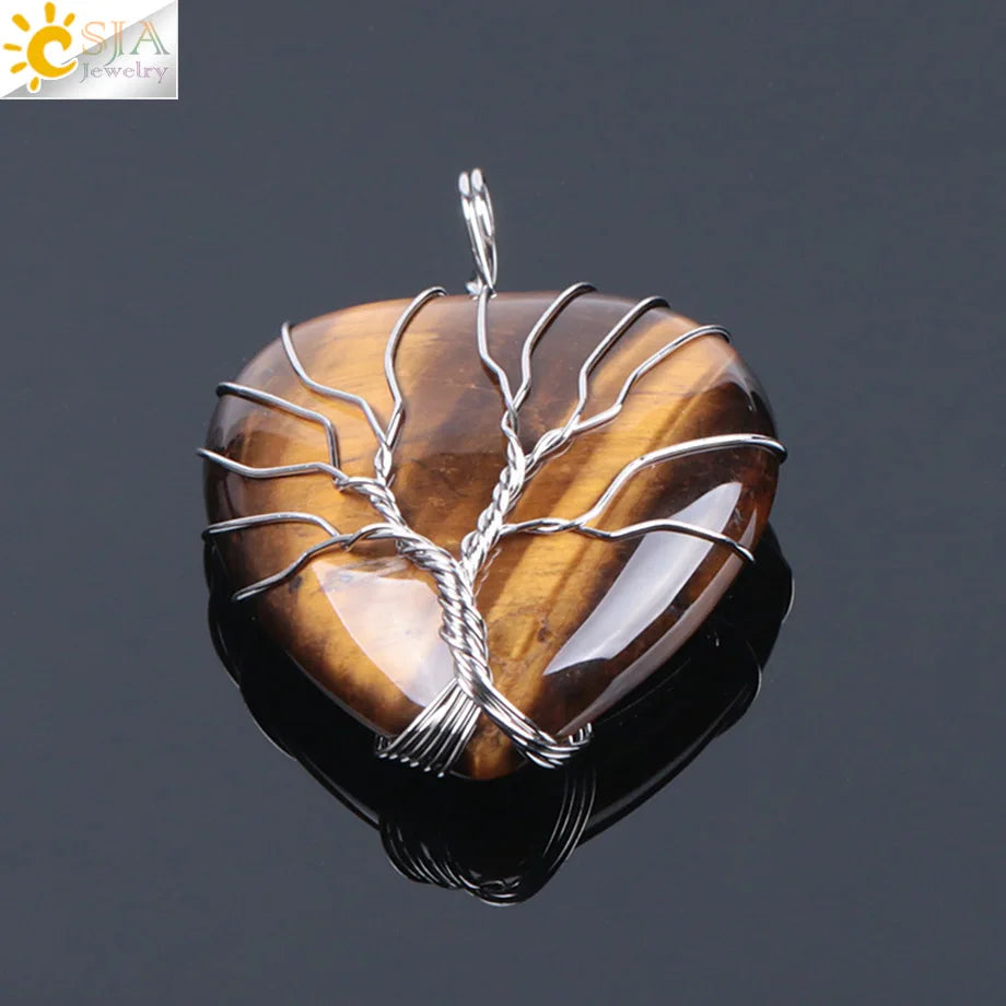 CSJA Tree of Life Wire Wrapped Love Heart Necklace & Pendant Suspension Natural Gem Stone Tiger Eye Pink Quartz Black Onyx F053