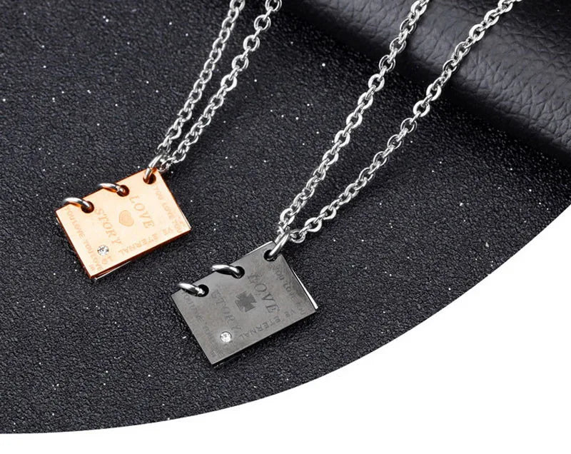 ZORCVENS Romantic "Love Story"  Book Pendant Couple Necklace Black Gold-Color Stainless Steel Necklace for Men and Women Jewelry