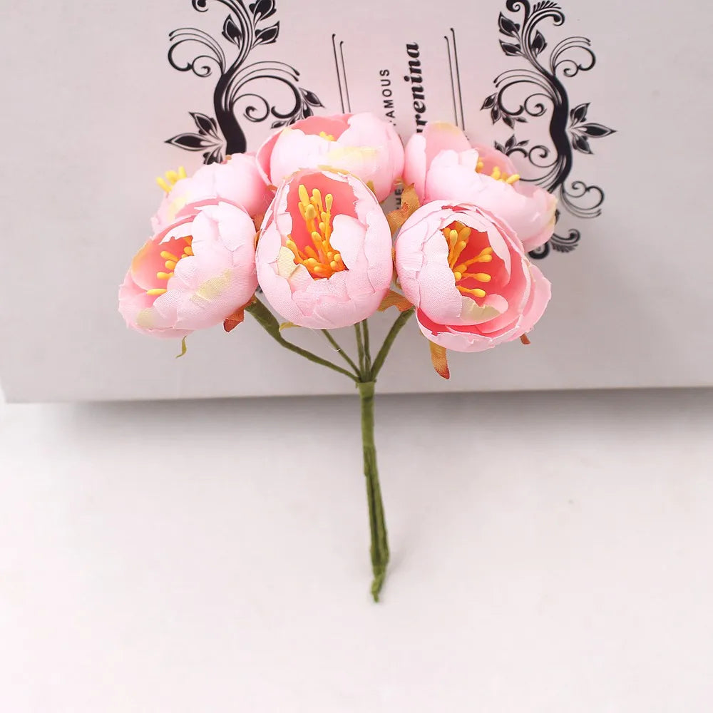 6Pcs Artificial Flowers Mini Tea Rose Bud For Wedding Home Decoration Jewelry Accessories Fleurs Scrapbooking DIY Craft Supplies