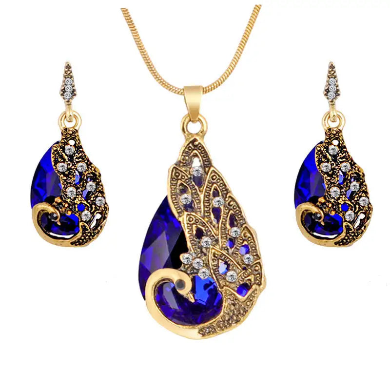 Hesiod New Vintage Women Elegant Peacock Waterdrop Rhinestone Pendant Necklace Earrings Crystal Jewelry Set Wedding Jewlery