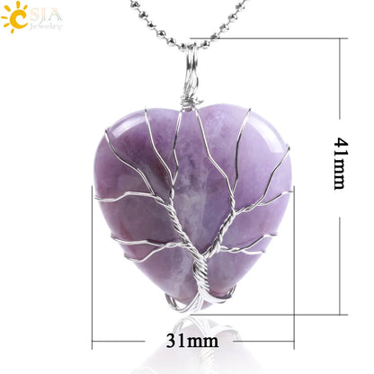 CSJA Tree of Life Wire Wrapped Love Heart Necklace & Pendant Suspension Natural Gem Stone Tiger Eye Pink Quartz Black Onyx F053